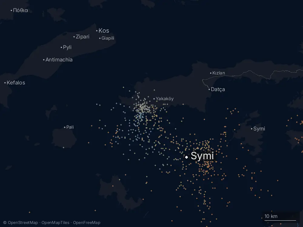 Karte der Blitze bei Symi am Freitag, 2. Oktober 2026