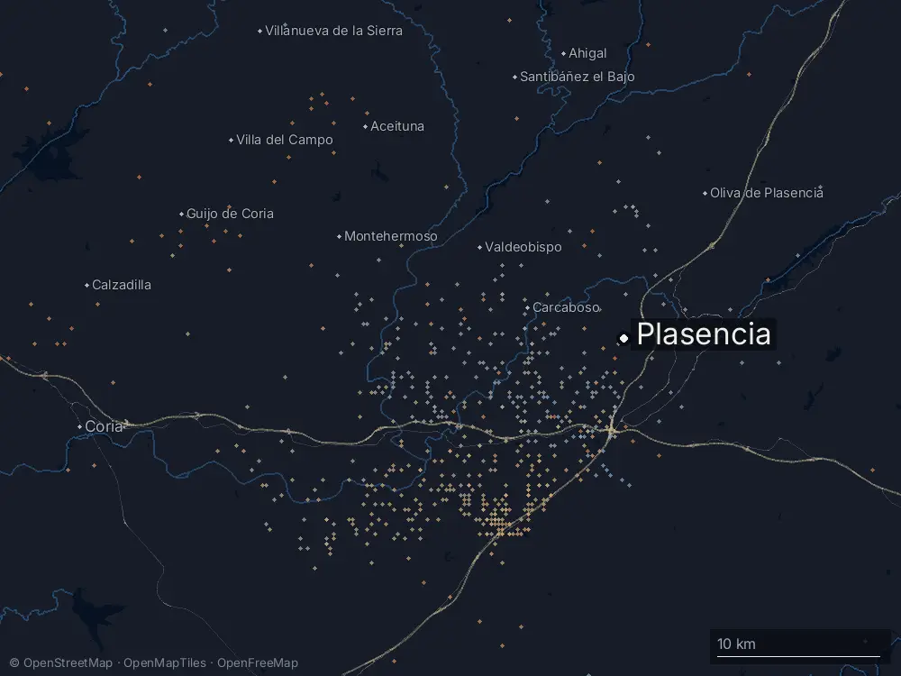 Karte der Blitze bei Plasencia am Samstag, 3. Oktober 2026
