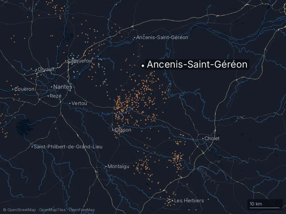 Karte der Blitze bei Ancenis-Saint-Géréon am Dienstag, 6. Oktober 2026