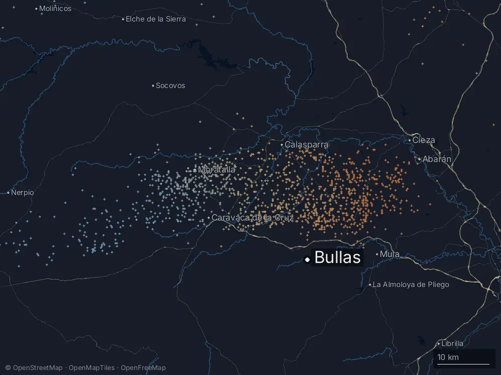 Karte der Blitze bei Bullas am Mittwoch, 7. Oktober 2026