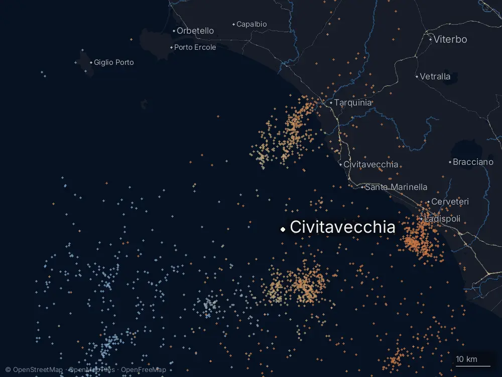 Karte der Blitze bei Civitavecchia am Mittwoch, 7. Oktober 2026