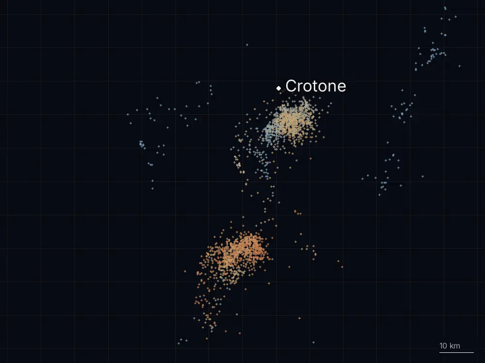 Karte der Blitze bei Crotone am Mittwoch, 7. Oktober 2026
