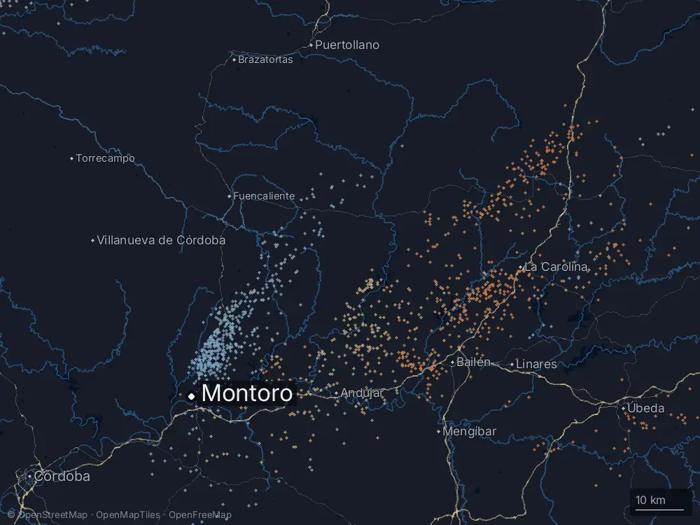 Karte der Blitze bei Montoro am Mittwoch, 7. Oktober 2026