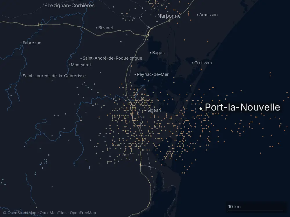 Karte der Blitze bei Port-la-Nouvelle am Mittwoch, 7. Oktober 2026