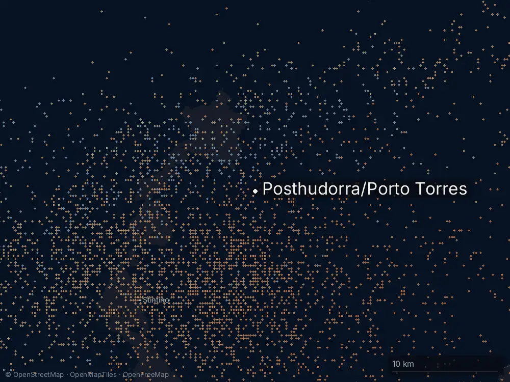 Karte der Blitze bei Posthudorra/Porto Torres am Donnerstag, 8. Oktober 2026