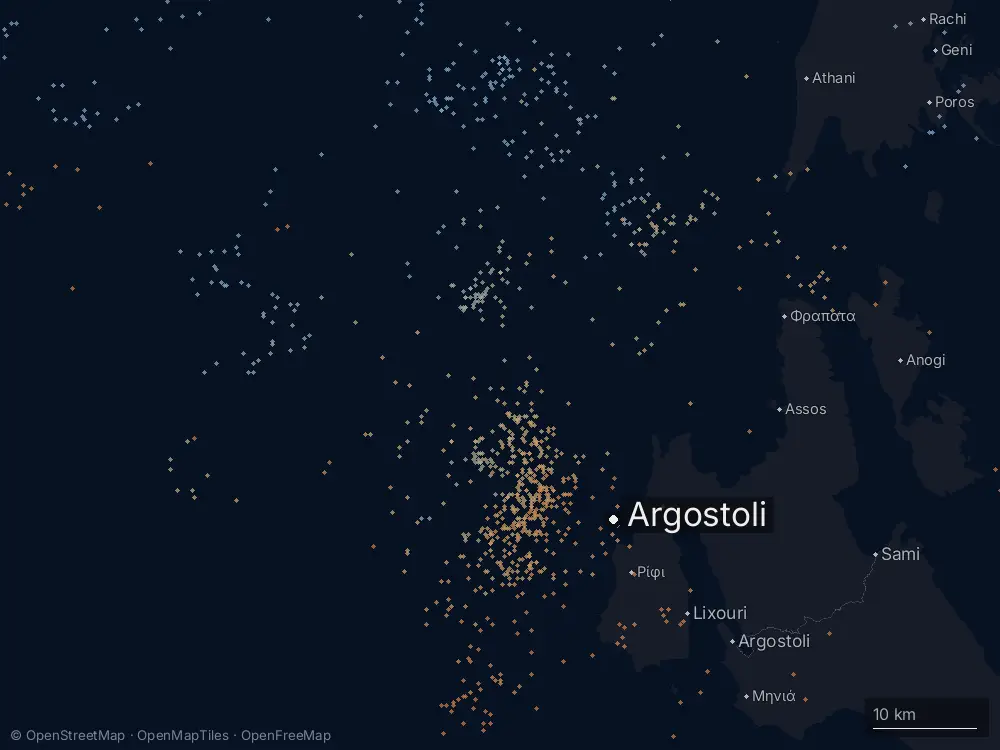 Karte der Blitze bei Argostoli am Freitag, 9. Oktober 2026