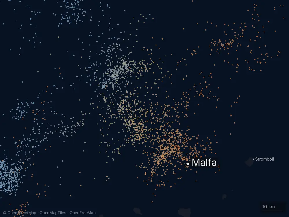 Karte der Blitze bei Malfa am Freitag, 9. Oktober 2026