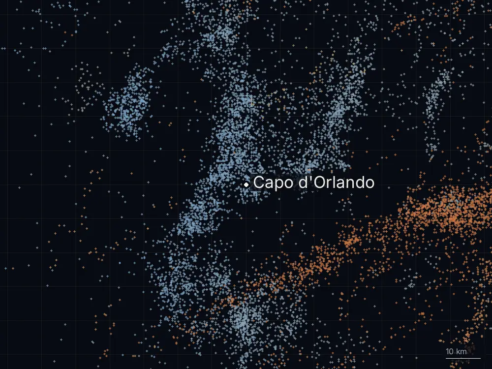 Karte der Blitze bei Capo d'Orlando am Samstag, 10. Oktober 2026