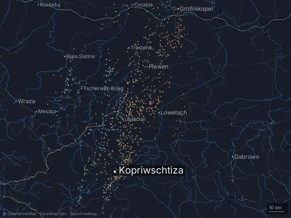 Karte der Blitze bei Kopriwschtiza am Sonntag, 11. Oktober 2026