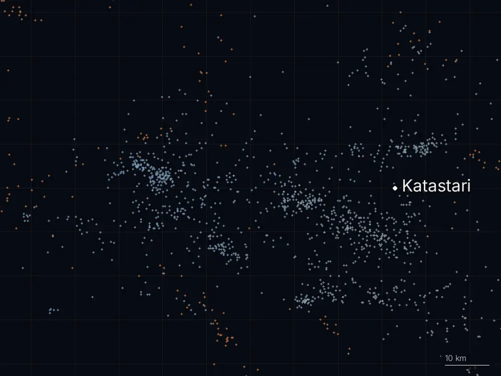 Karte der Blitze bei Katastari am Dienstag, 13. Oktober 2026