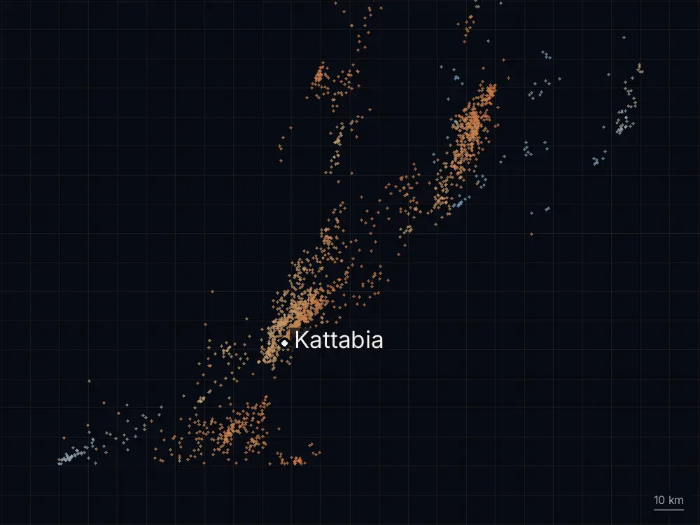 Karte der Blitze bei Kattabia am Dienstag, 13. Oktober 2026