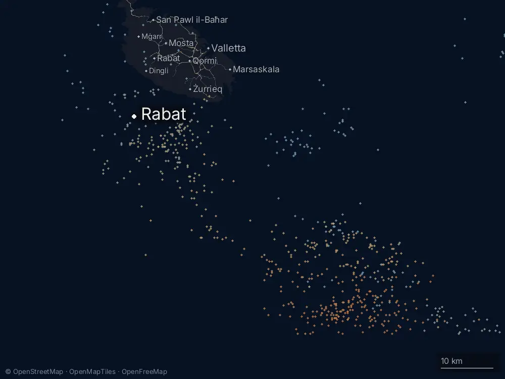 Karte der Blitze bei Rabat am Dienstag, 13. Oktober 2026