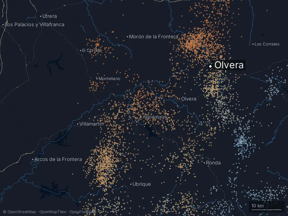 Karte der Blitze bei Olvera am Samstag, 17. Oktober 2026