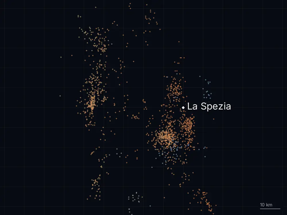 Karte der Blitze bei La Spezia am Sonntag, 18. Oktober 2026