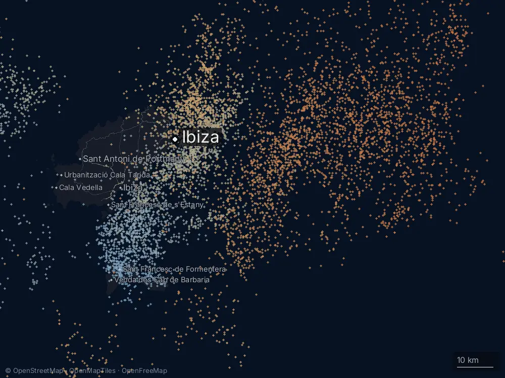 Karte der Blitze bei Ibiza am Montag, 19. Oktober 2026