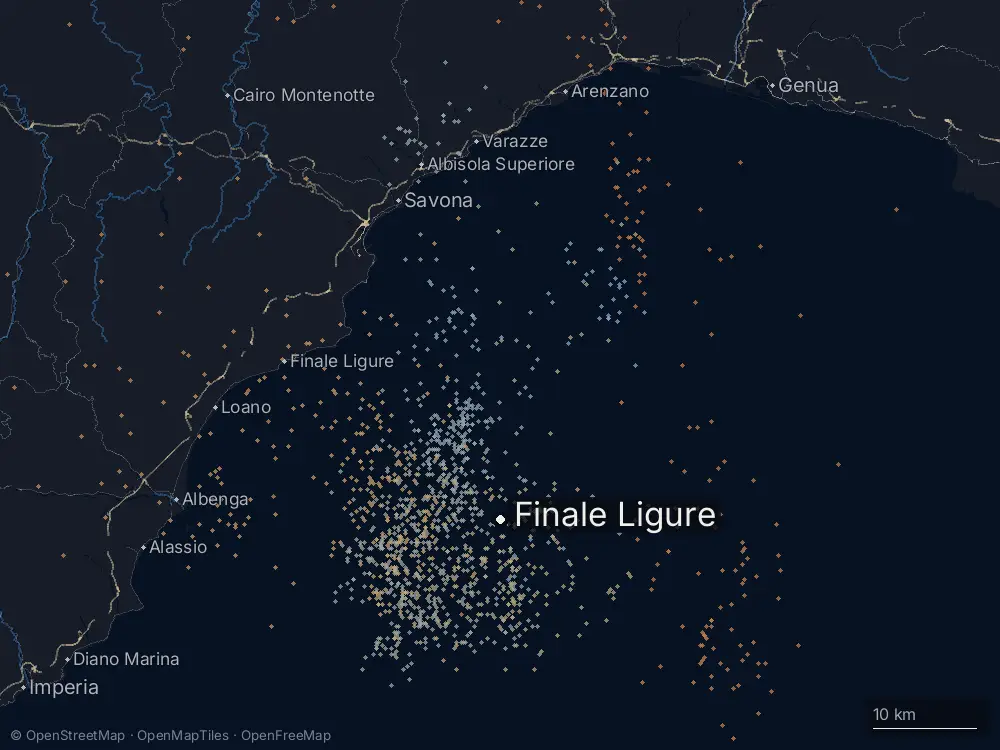 Karte der Blitze bei Finale Ligure am Dienstag, 20. Oktober 2026