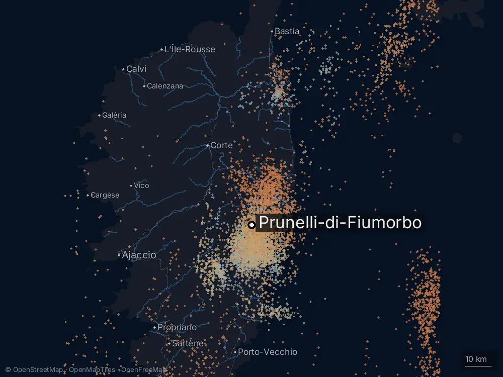 Karte der Blitze bei Prunelli-di-Fiumorbo am Dienstag, 20. Oktober 2026