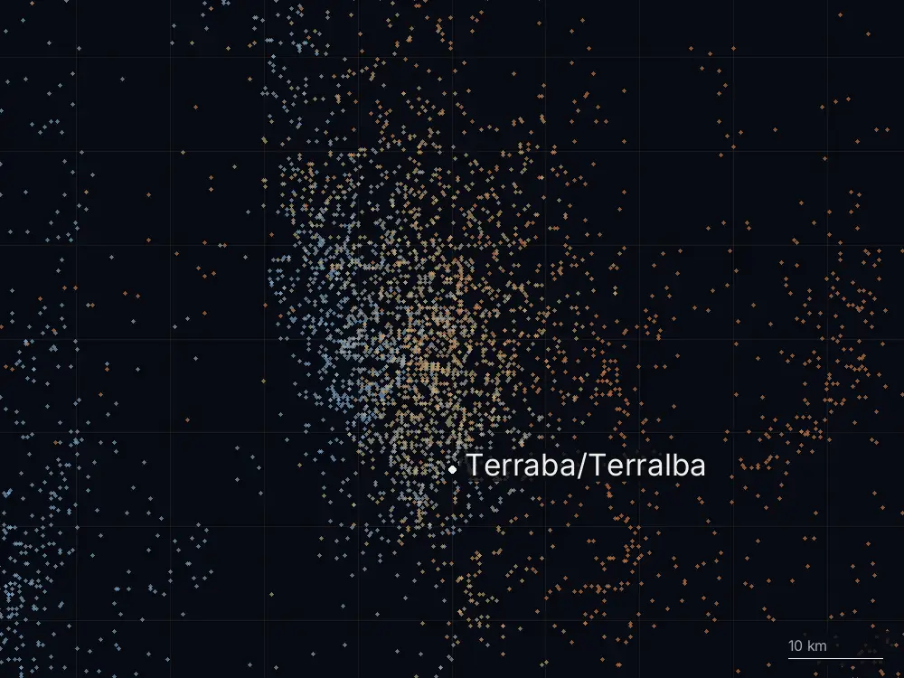 Karte der Blitze bei Terraba/Terralba am Dienstag, 20. Oktober 2026