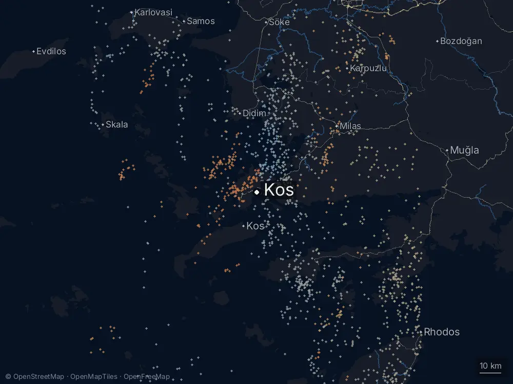 Karte der Blitze bei Kos am Montag, 26. Oktober 2026