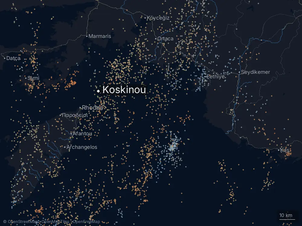 Karte der Blitze bei Koskinou am Mittwoch, 28. Oktober 2026